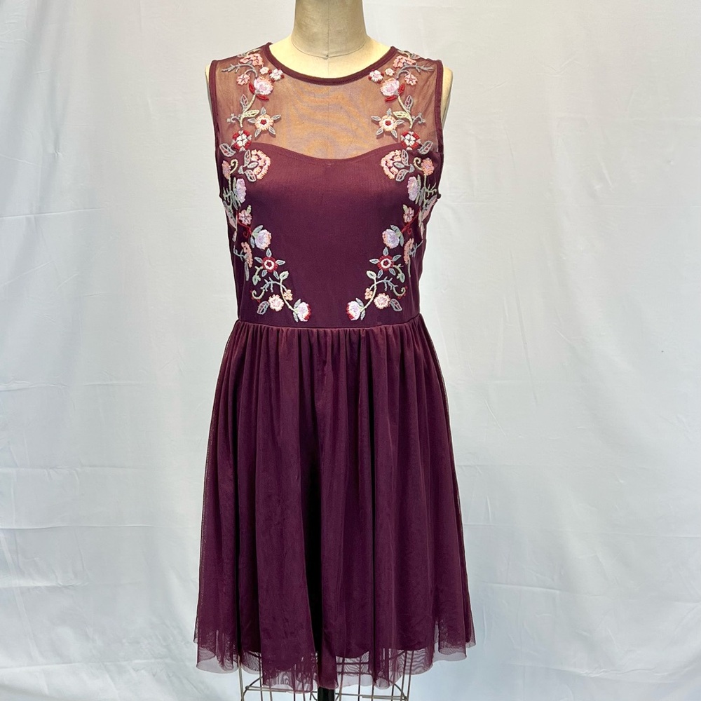 Woodland wildflower embroidered floral midi dress sheer earthy burgundy wine y2k - Picture 9 of 14